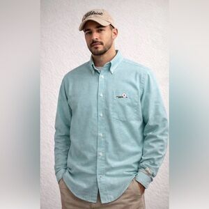 VTG Hathaway Golf Oxford Dress Shirt Men 16 34/35 Large Blue Embroidered USA